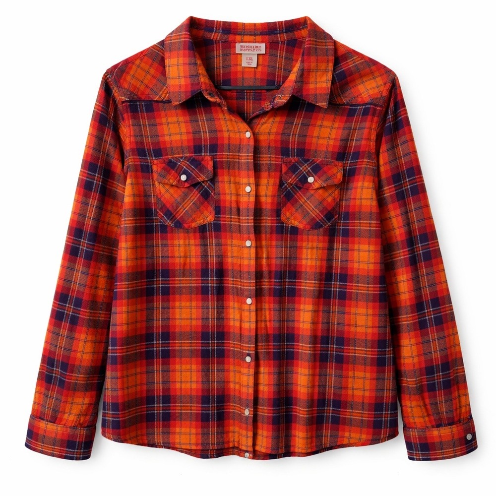Mossimo Supply Co  Orange Purple Plaid Western Snap Flannel Shirt Womens XL Neon